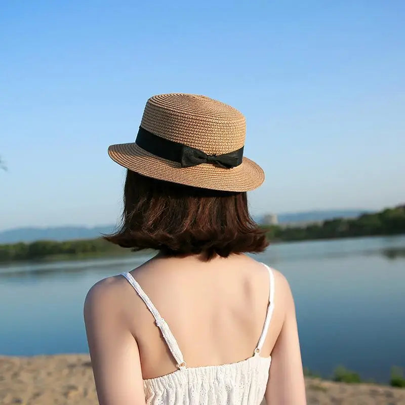 COKK Panama Simple Summer Beach Hat Female Casual Lady Women Flat Brim Bowknot Straw Cap Girls Sun Hat Chapeu Feminino - lataralimited