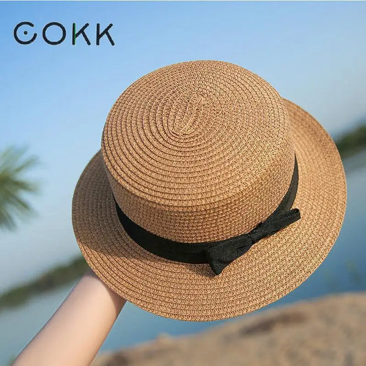 COKK Panama Simple Summer Beach Hat Female Casual Lady Women Flat Brim Bowknot Straw Cap Girls Sun Hat Chapeu Feminino - lataralimited