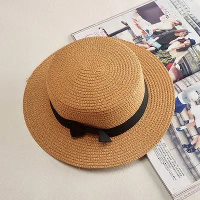 COKK Panama Simple Summer Beach Hat Female Casual Lady Women Flat Brim Bowknot Straw Cap Girls Sun Hat Chapeu Feminino - lataralimited