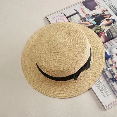 COKK Panama Simple Summer Beach Hat Female Casual Lady Women Flat Brim Bowknot Straw Cap Girls Sun Hat Chapeu Feminino - lataralimited